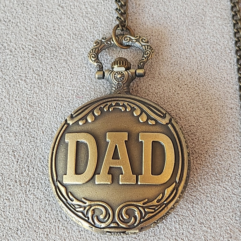 DAD Pocket Watch Men's Quartz Bronze Color Chain Father Gift Memorial Retro